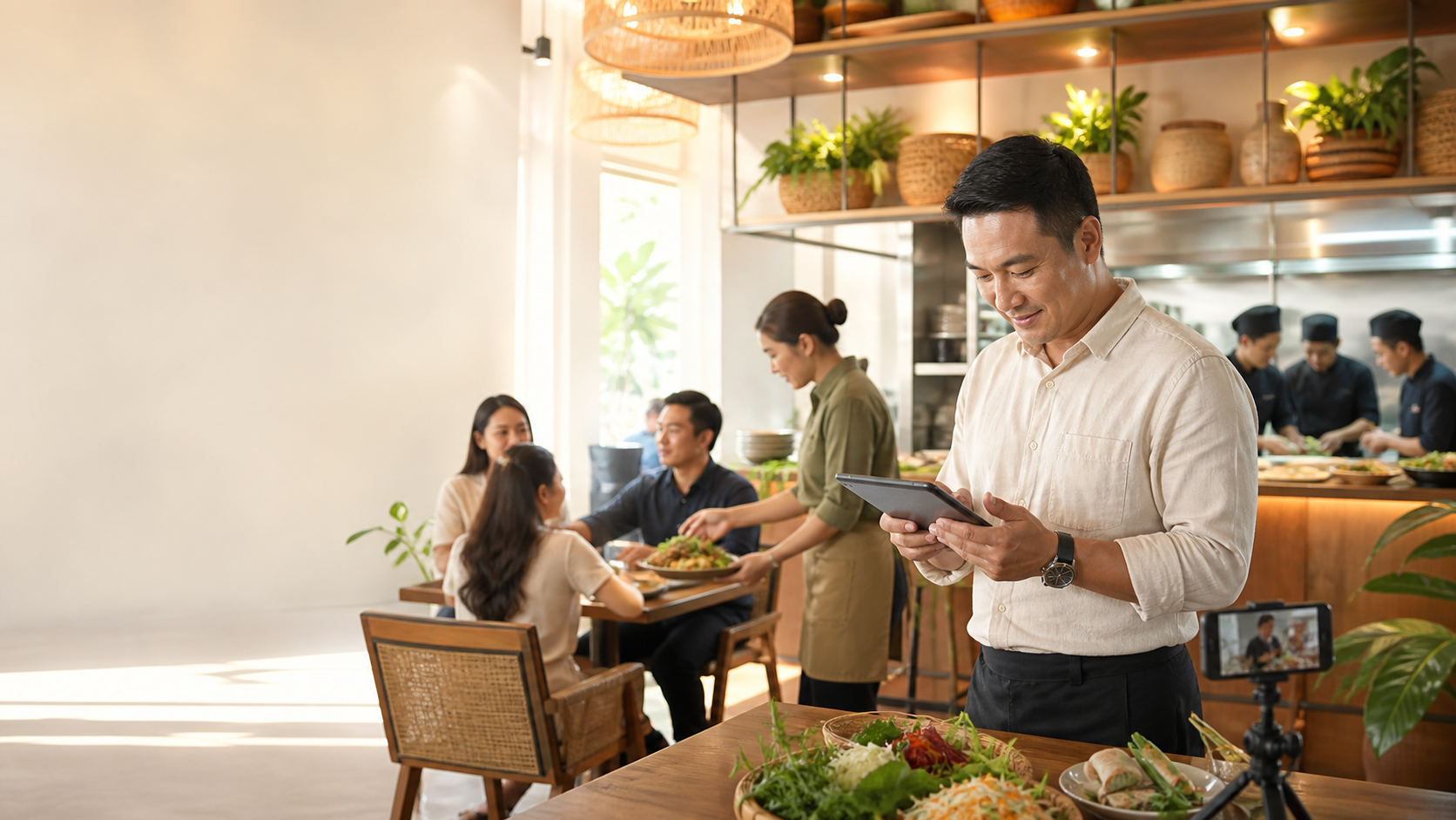 Chủ nhà hàng điều hành hoạt động kinh doanh trên thiết bị số